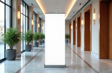 Blank roll up banner stands in modern hallway. Interior with marble floor wooden doors, plants in pots. Advertisement mock up template for corporate promo event trade show. Hall decoration with