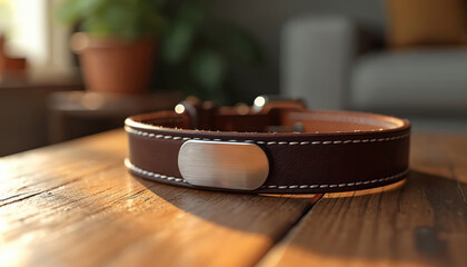 Premium leather dog collar with a nameplate rests on wooden surface. This stylish pet accessory crafted from quality materials is a personalized gift for furry friends.