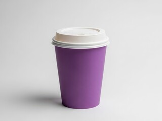 Single purple disposable coffee cup with white lid