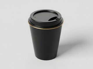 Elegant black coffee cup with gold rim and lid