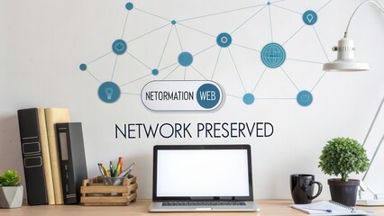 Modern Workspace with Laptop and Network Graphics Displaying Digital Connection and Technology Concept