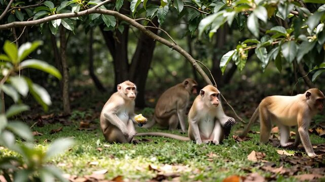 Group of Monkeys Sitting on the Forest Floor Eating Fruit primates animals