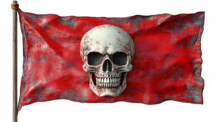 Skull And Blood Red Pirate Flag On White. Symbol Of Danger And Aggression.
