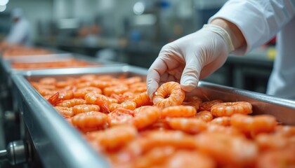 Close up photo shows worker handling fresh shrimp in food processing facility. Hand in glove takes prawn from tray. Seafood industry concept factory.