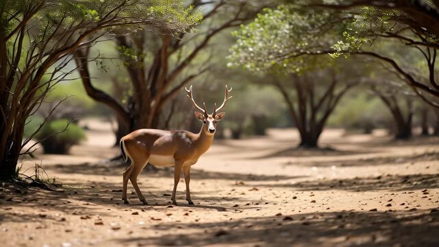 Majestic male deer with antlers stands in a sun-dappled forest clearing Keywords: deer, male deer, stag, buck, animal, wildlife, nature, forest, woodland, trees, branches, sunlight, dappled light