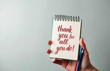 Woman holds notepad. Handwritten message says thank you. Red text on paper. Expression of gratitude for service. Appreciation concept. Three pencils next to notebook.