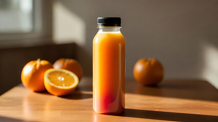 Fresh Orange Juice Bottle with Oranges on Sunny Wooden Table