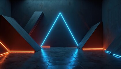 Abstract design with neon triangle and geometric shapes. Dark room lit by blue and orange lights. Modern digital art with futuristic vibe. Concept of technology and innovation.