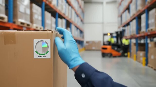 Cold chain logistics warehouse technology with gloved hand scanning package ensures safe storage and handling of temperature sensitive goods