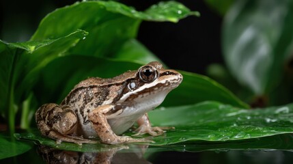 Fototapeta premium Brown Frog Sitting on Green Leaf in Natural Environment