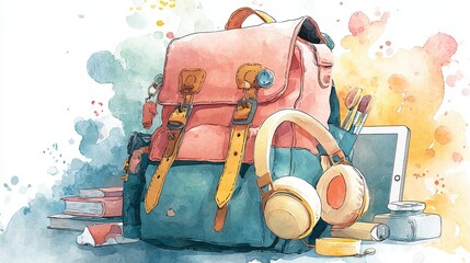 A colorful illustrated backpack surrounded by school supplies, headphones, and a tablet, showcasing a vibrant study or travel theme.
