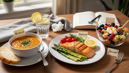 Healthy and delicious meal of grilled salmon, soup, and fruit salad, promoting well-being and nourishment.