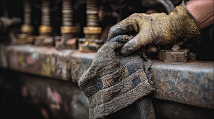A close-up image of a gloved hand cleaning a metallic surface with a cloth, showcasing the intricacies of maintenance work.