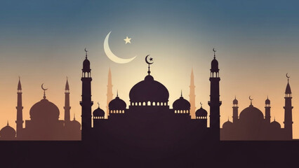 Silhouette of a mosque with crescent moon and star at sunset with gradient sky