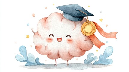 A cute, smiling cloud character wearing a graduation cap and medal, celebrating achievement with colorful splashes and stars.