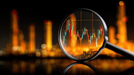A magnifying glass focuses on a stock market graph, with an industrial backdrop illuminated by warm lights, symbolizing analysis and investment in the energy sector.