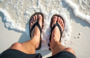 Man in black flip flops stands at sea beach. Feet in slippers touch white foam wave. Close up top view of human legs on beach sand enjoying vacation.