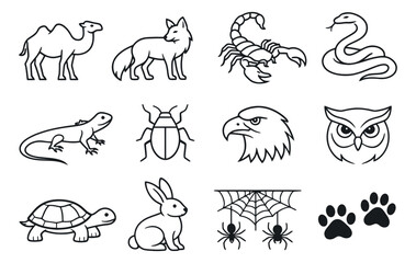 Obraz premium Line art wildlife icon set featuring diverse animals and nature elements for educational and design projects