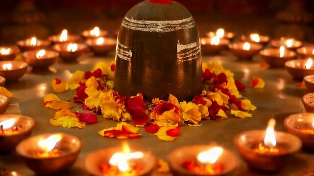 Shiva linga surrounded by diyas and flower petals in a sacred setting