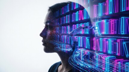 Woman with AI features and books representing knowledge and technology