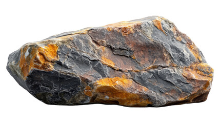 Single Isolated Boulder Of Gray And Gold Stone On White. Nature Photography Concept.