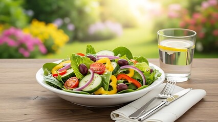 Fresh garden salad with water on a sunny outdoor table, perfect for a healthy meal.
