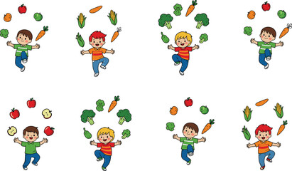 Fototapeta premium Happy Kids Playing with Fruits and Vegetables Vector Illustration Set Promoting Healthy Eating in Cute Cartoon Style