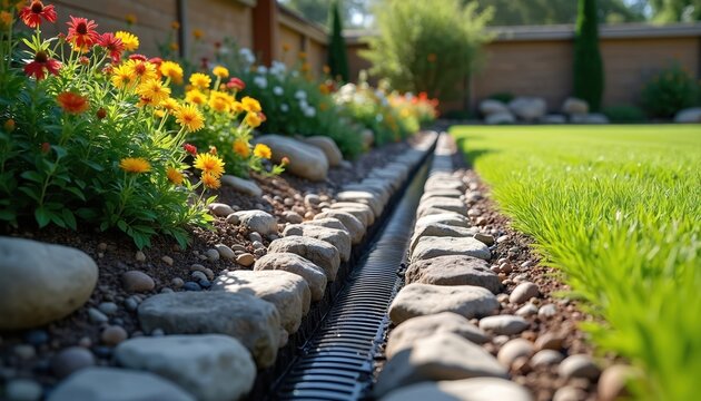 Garden with installed French drain system. Channel drainage made of rocks and gravel. Flowerbed with flowers near lawn and backyard. Landscape design and water runoff solution.