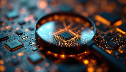 Magnifying glass inspects glowing computer chip on detailed circuit board. Macro view of intricate electronic pathways, components. Technology research, analysis concept. Digital data network