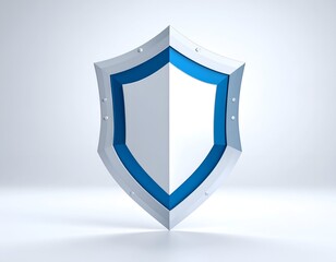 3D Render of a glossy, metallic shield with blue accents