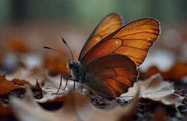 Obraz premium Close up shot displays butterfly resting on autumn leaves. Insect intricate wing details, camo. Natural light illuminates wing textures. Ground level focus gives soft green forest backdrop. Butterfly
