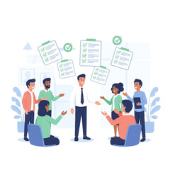 Business team collaborating and discussing project with checklists and approval stamps in a modern office environment with diverse professionals interacting and sharing ideas