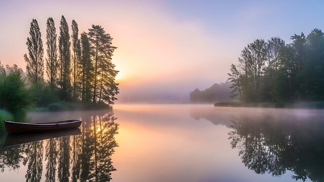 Serene misty lake at sunrise with a lone boat reflecting the soft golden light. - Powered by Adobe