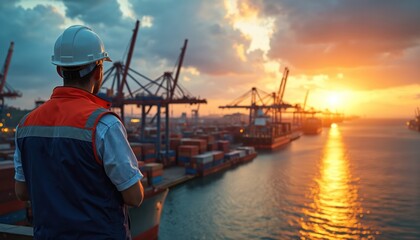 Engineer at industrial port watches sunset. Ships and containers at logistics terminal. Man in safety gear observes loading. Sea freight transport during sunset. Cargo ship at harbor