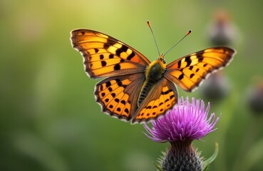 Naklejka premium Orange brown butterfly rests on purple thistle bloom. Insect shows patterned wings closeup. Green nature background with soft light bokeh effect. Summer wildlife scene.