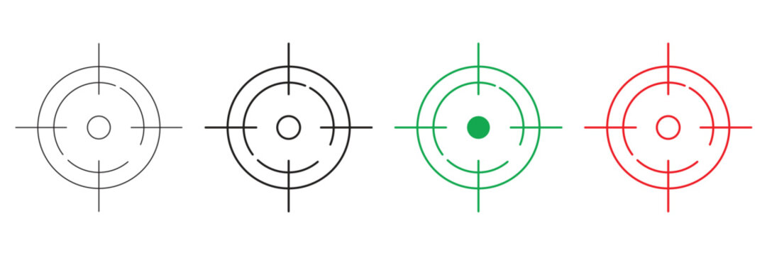 A set of four distinct crosshair icons including outline, solid, green and red variants representing targeting reticles for aiming and focus, isolated on a transparent background.