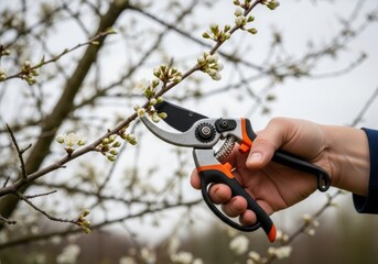 Hand holding pruning shears to trim a blossoming fruit tree branch in spring, preparing for new growth and a bountiful harvest