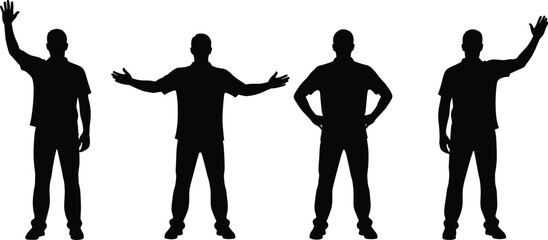 Black silhouette set of men standing and posing with hands up, arms outstretched, and hands on hips for success concept. © rakib's world