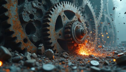 Massive rusty gears break down with sparks. Economic machine halt, financial crisis concept. Gears symbolize business failure, industrial collapse. Recession abstract metaphor, machine destruction