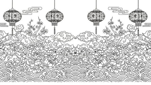 Elegant chinese new year border design with lanterns, flowers, waves, and clouds suitable for
