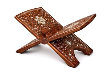 Wooden Rehal Book Stand with Mother-of-Pearl Inlay Isolated on White
