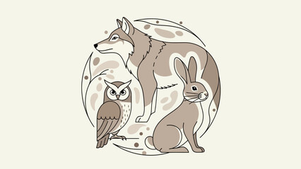 Minimalist illustration showcasing a wolf, rabbit, and owl in a circular design concept