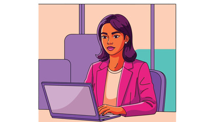 Modern professional woman deeply concentrated on her laptop in a vibrant, productive work