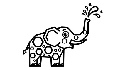 Minimalist Geometric Elephant Illustration with Water Spray and Hexagon Pattern