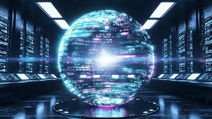 A large, glowing digital globe in a futuristic server room with neon lights and computer screens - Powered by Adobe