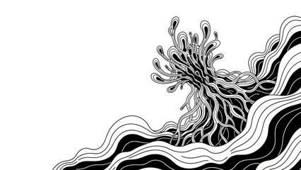 Monochrome abstract illustration featuring organic shapes and flowing lines creating visual interest