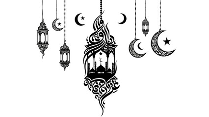 Elegant black and white Ramadan design featuring lanterns, stars, and crescent moons symbolizing