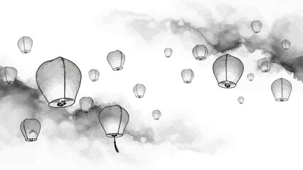Monochrome Sky Lanterns Soaring Amidst Ethereal Clouds in an Artistic Illustration