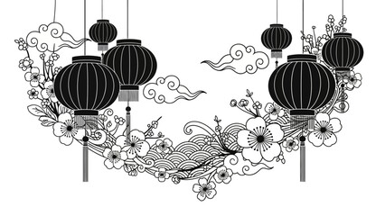 Elegant chinese new year illustration with lanterns clouds and flower elements