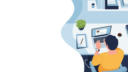 Illustration of a man working on a laptop at his desk with a clean workplace atmosphere